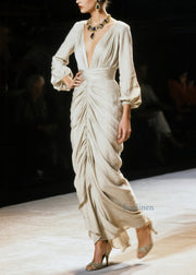 Italian V Neck Wrinkled Cotton Long Dress Fall