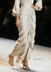 Italian V Neck Wrinkled Cotton Long Dress Fall