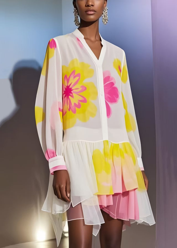 Italian White Asymmetrical Print Chiffon Beach Dress Summer