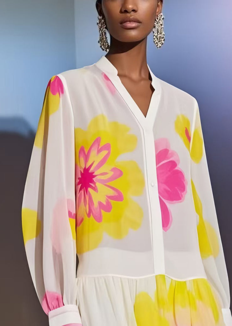 Italian White Asymmetrical Print Chiffon Beach Dress Summer