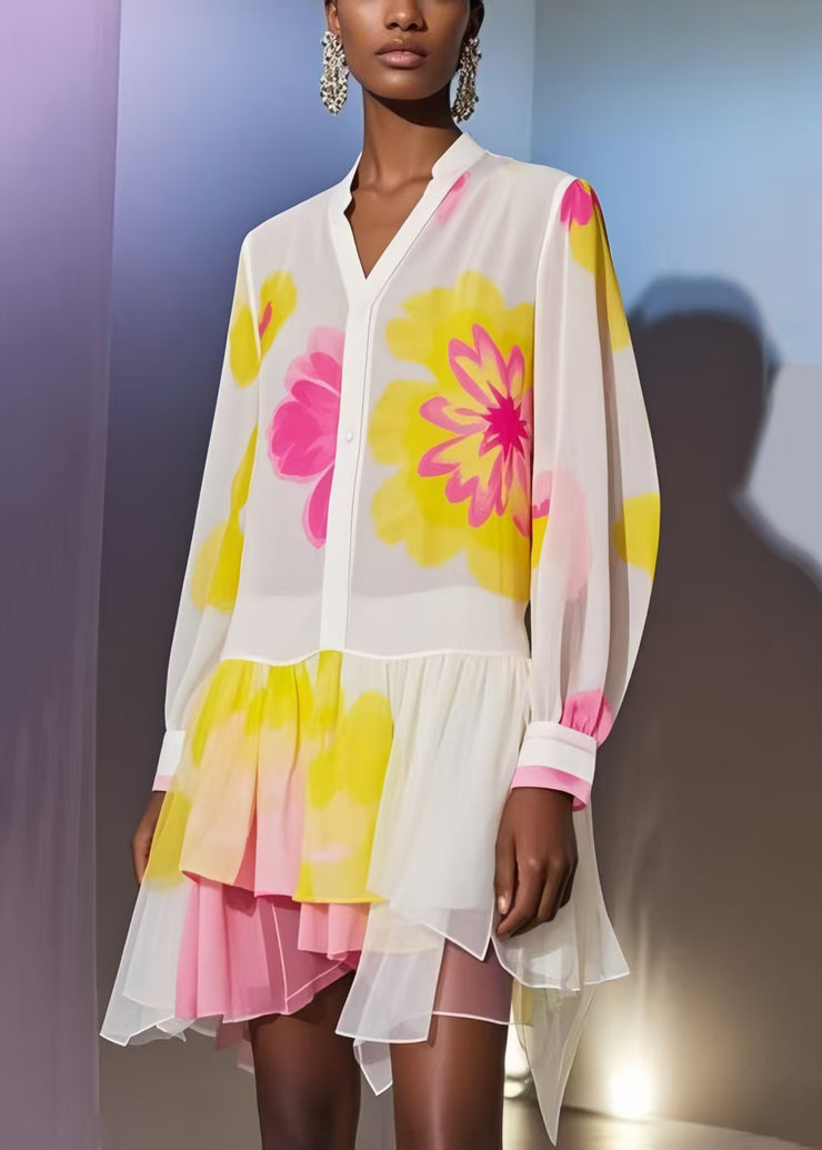 Italian White Asymmetrical Print Chiffon Beach Dress Summer