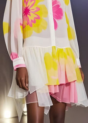 Italian White Asymmetrical Print Chiffon Beach Dress Summer