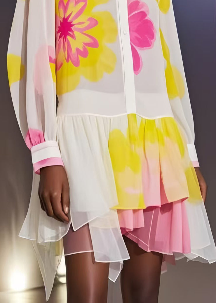 Italian White Asymmetrical Print Chiffon Beach Dress Summer
