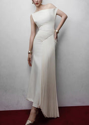 Italian White Asymmetrical Wrinkled Cotton Long Dress Sleeveless