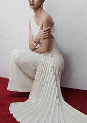 Italian White Asymmetrical Wrinkled Cotton Long Dress Sleeveless