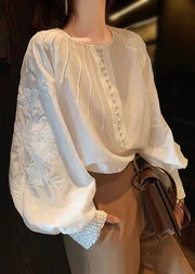 Italian White Embroidered Cotton Loose Shirt Lantern Sleeve