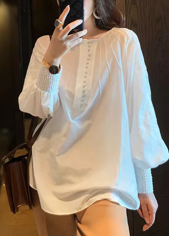 Italian White Embroidered Cotton Loose Shirt Lantern Sleeve