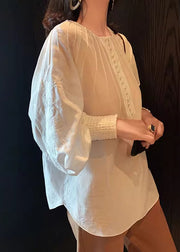 Italian White Embroidered Cotton Loose Shirt Lantern Sleeve