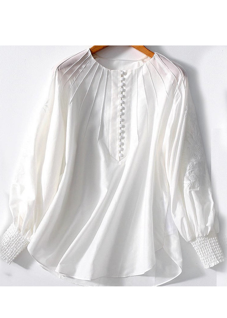 Italian White Embroidered Cotton Loose Shirt Lantern Sleeve