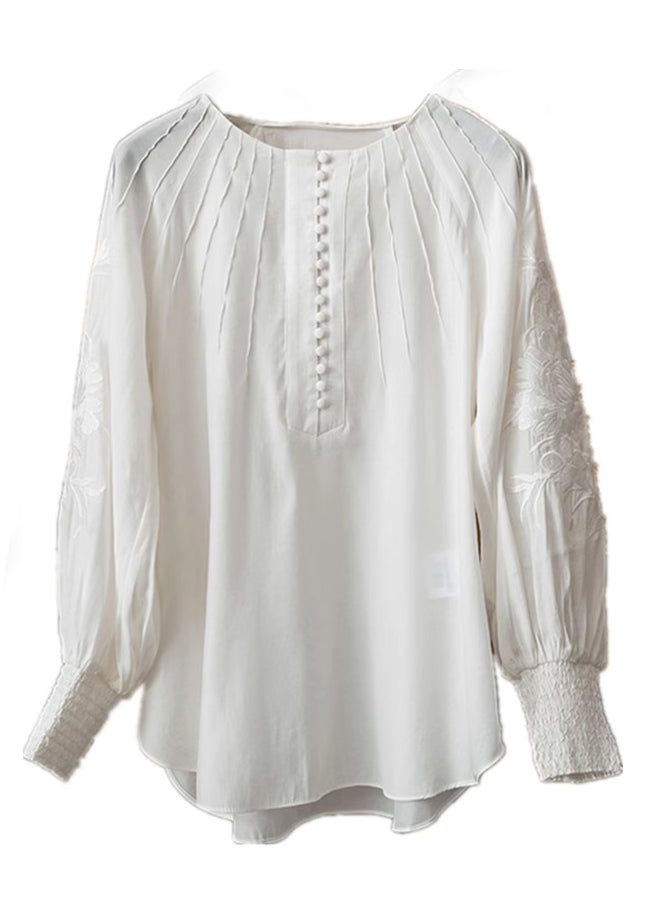 Italian White Embroidered Cotton Loose Shirt Lantern Sleeve
