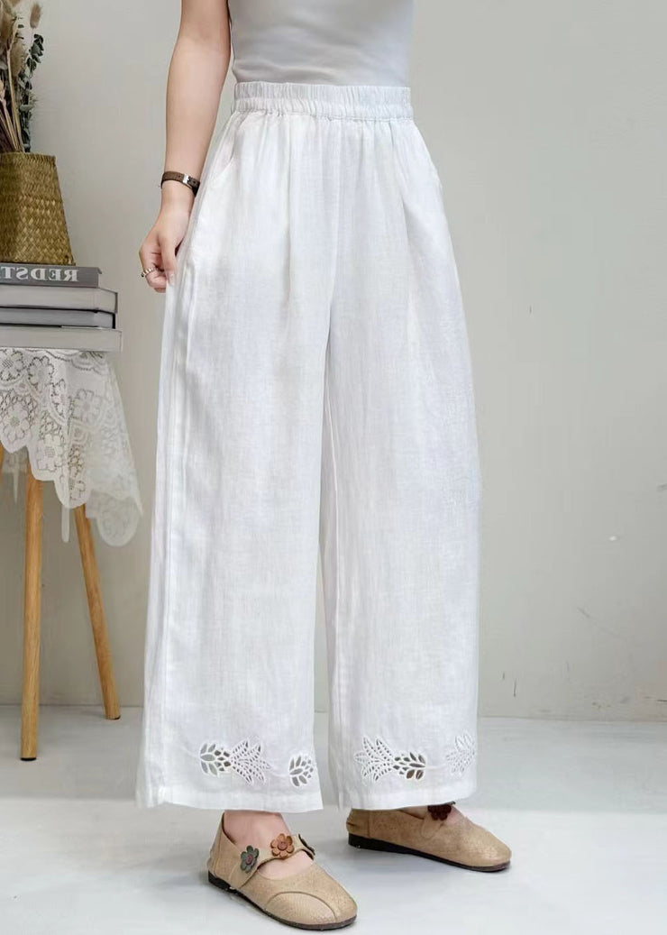 Italian White Embroidered Hollow Out Linen Wide Leg Pants Summer