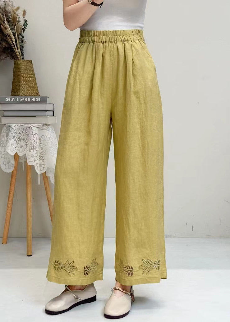Italian White Embroidered Hollow Out Linen Wide Leg Pants Summer