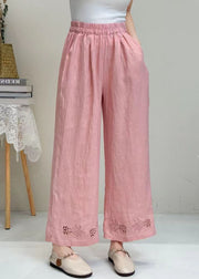 Italian White Embroidered Hollow Out Linen Wide Leg Pants Summer