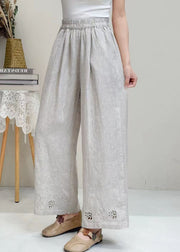 Italian White Embroidered Hollow Out Linen Wide Leg Pants Summer