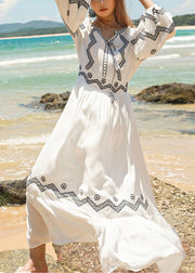 Italian White Embroidered Lace Up Cotton Long Dresses Fall