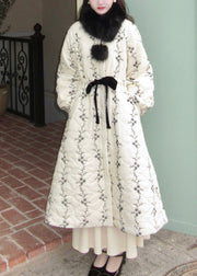 Italian White Fur Collar Pockets Tie Waist Cotton Filled Long Parkas Winter