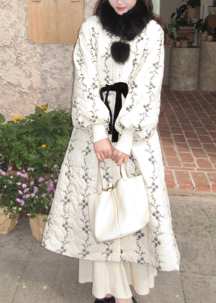 Italian White Fur Collar Pockets Tie Waist Cotton Filled Long Parkas Winter