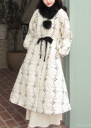 Italian White Fur Collar Pockets Tie Waist Cotton Filled Long Parkas Winter