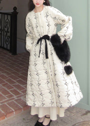 Italian White Fur Collar Pockets Tie Waist Cotton Filled Long Parkas Winter