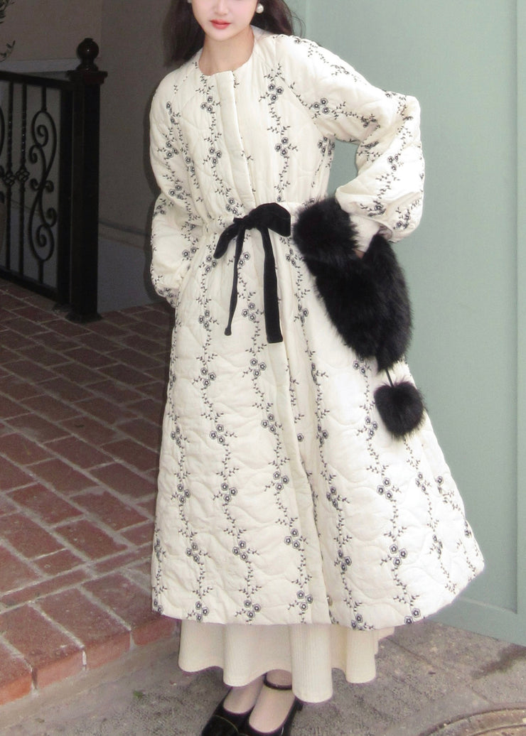 Italian White Fur Collar Pockets Tie Waist Cotton Filled Long Parkas Winter