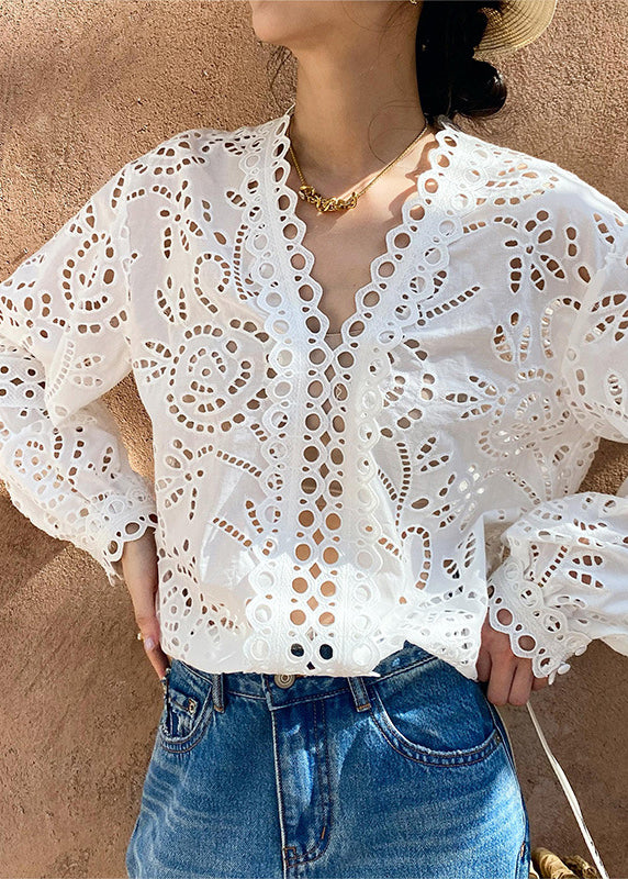 Italian White Hollow Out Cotton Shirts Spring