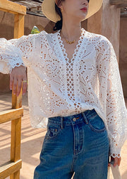 Italian White Hollow Out Cotton Shirts Spring