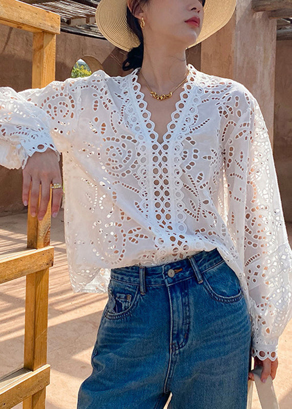 Italian White Hollow Out Cotton Shirts Spring