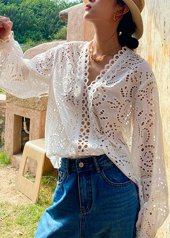 Italian White Hollow Out Cotton Shirts Spring
