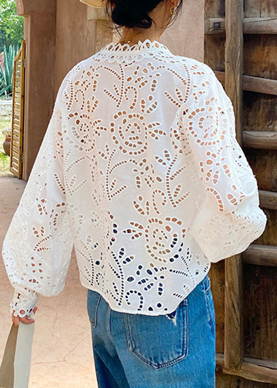 Italian White Hollow Out Cotton Shirts Spring