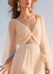 Italian White Hollow Out Sheer Tulle Holiday Dress Summer