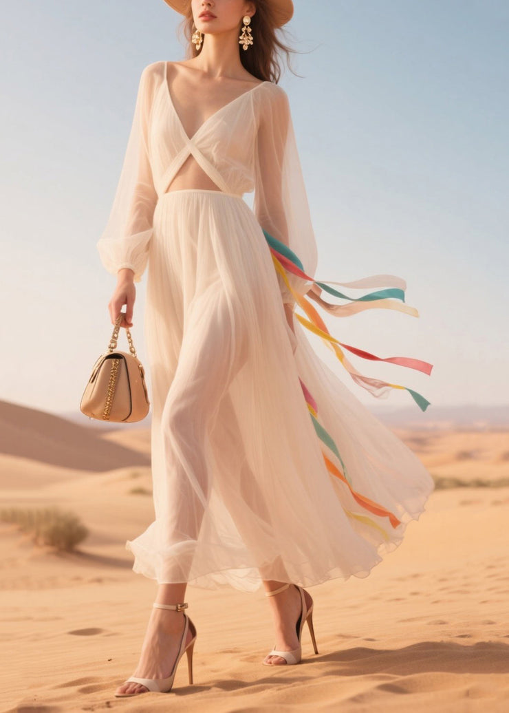 Italian White Hollow Out Sheer Tulle Holiday Dress Summer