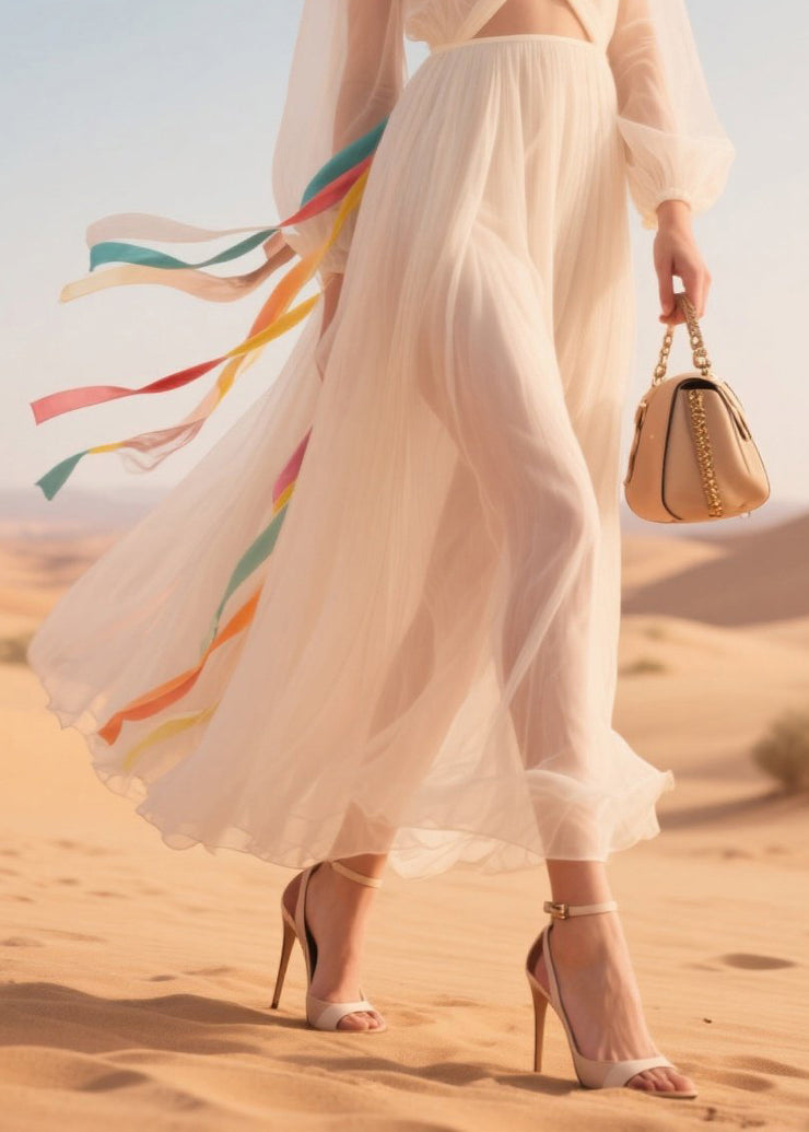 Italian White Hollow Out Sheer Tulle Holiday Dress Summer