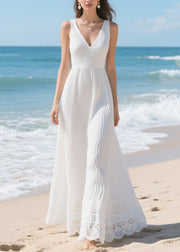 Italian White Hollow Out Wrinkled Chiffon Holiday Dress Summer