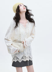 Italian White Jacquard Patchwork Lace Shirts Spring