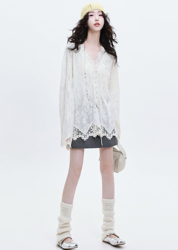 Italian White Jacquard Patchwork Lace Shirts Spring