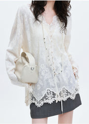 Italian White Jacquard Patchwork Lace Shirts Spring