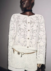 Italian White O Neck Button Hollow Out Cotton Short Coat Fall