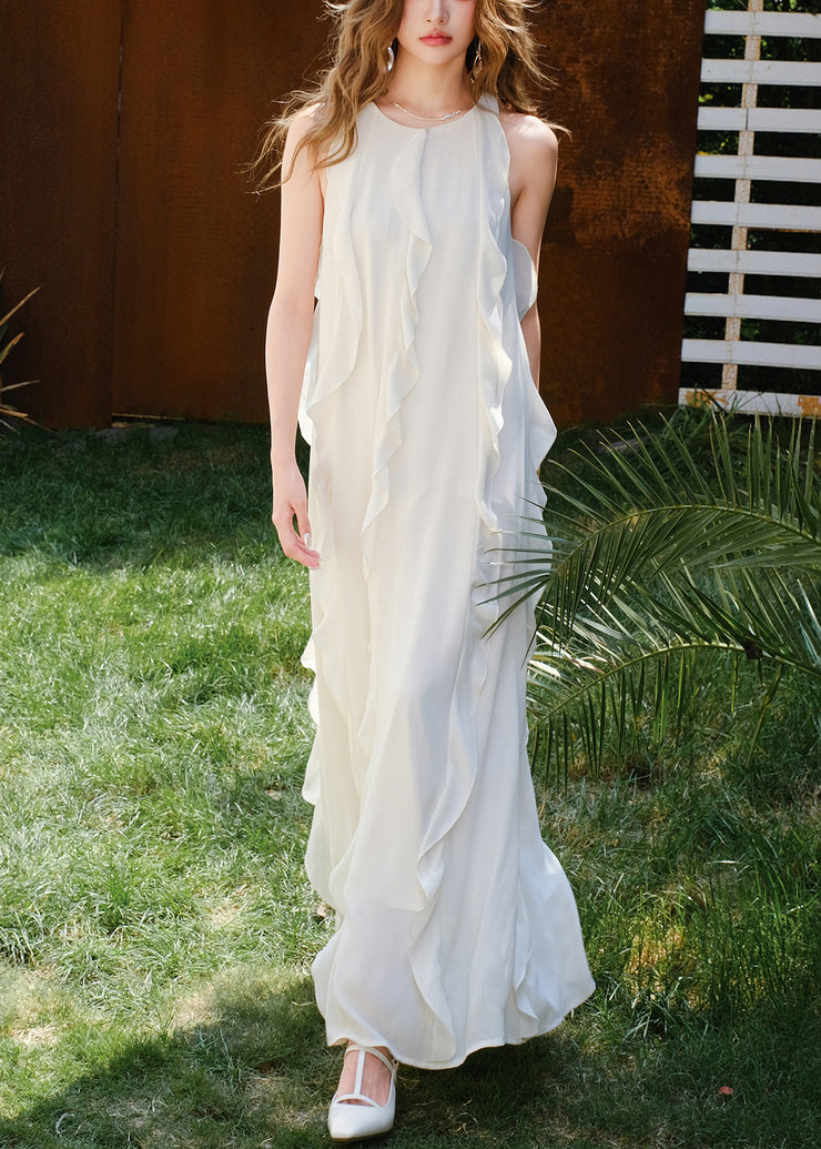 Italian White O Neck Ruffled Solid Cotton Long Dresses Sleeveless