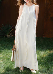 Italian White O Neck Ruffled Solid Cotton Long Dresses Sleeveless