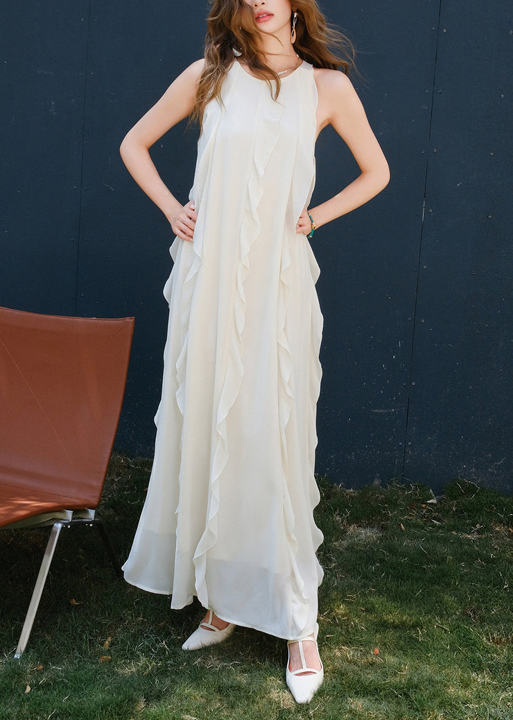 Italian White O Neck Ruffled Solid Cotton Long Dresses Sleeveless
