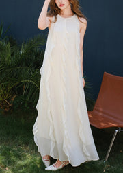 Italian White O Neck Ruffled Solid Cotton Long Dresses Sleeveless