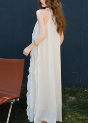 Italian White O Neck Ruffled Solid Cotton Long Dresses Sleeveless