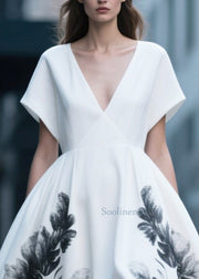 Italian White Print Exra Large Hem Cotton Party Dress Summer