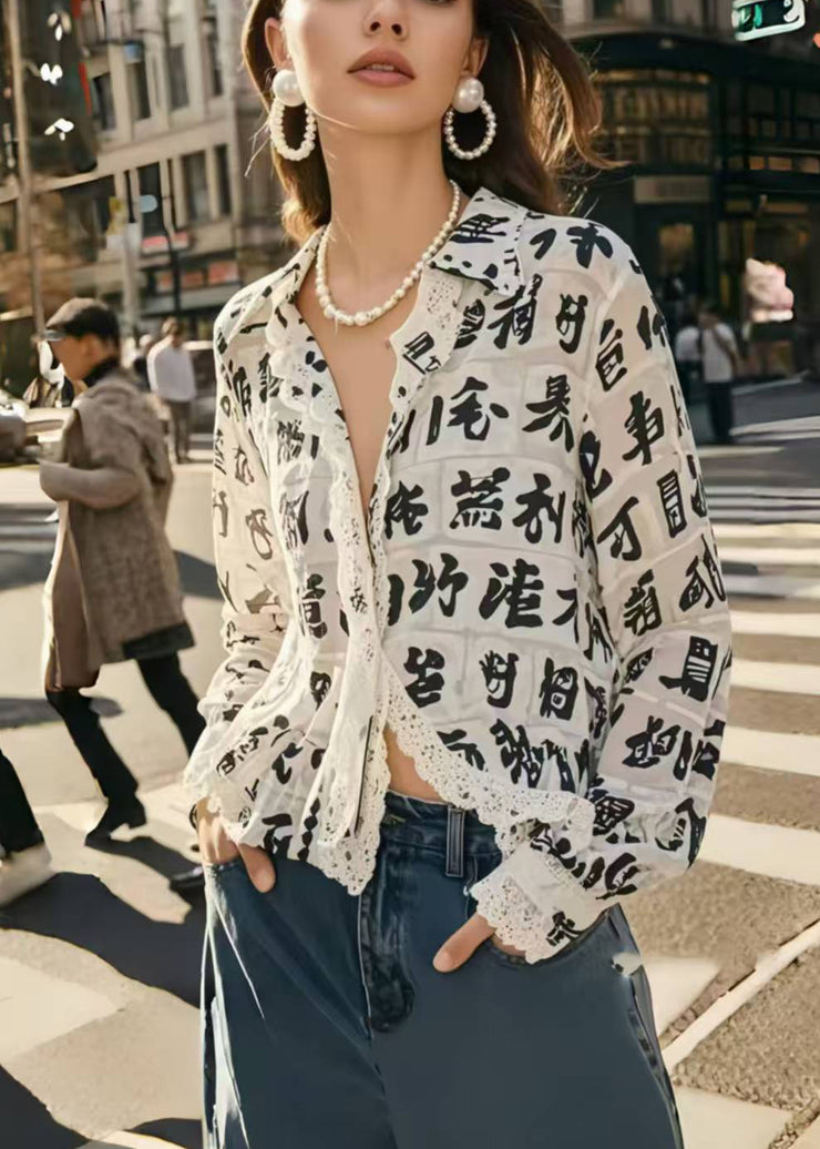 Italian White Print Lace Patchwork Chiffon Blouses Spring