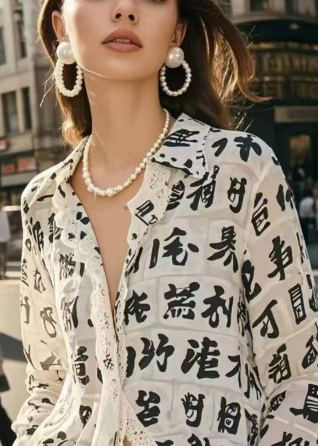 Italian White Print Lace Patchwork Chiffon Blouses Spring