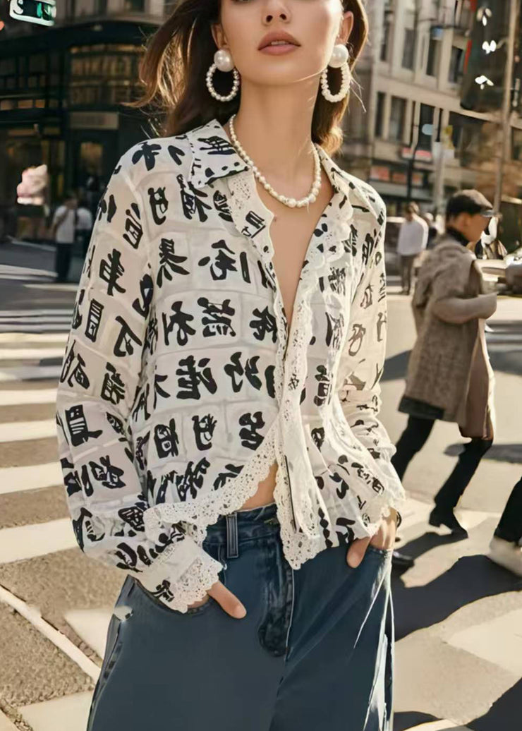Italian White Print Lace Patchwork Chiffon Blouses Spring