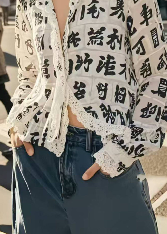 Italian White Print Lace Patchwork Chiffon Blouses Spring
