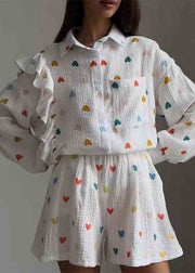 Italian White Ruffled Love Print Cotton Pajamas Two Pieces Set Summer