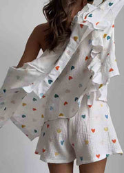 Italian White Ruffled Love Print Cotton Pajamas Two Pieces Set Summer