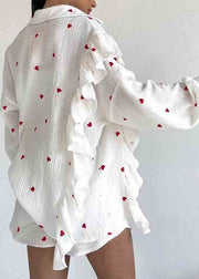 Italian White Ruffled Love Print Cotton Pajamas Two Pieces Set Summer